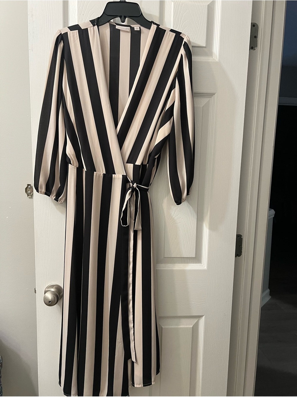 New York & Company Black and Cream Vertical Stripe Wrap Dress